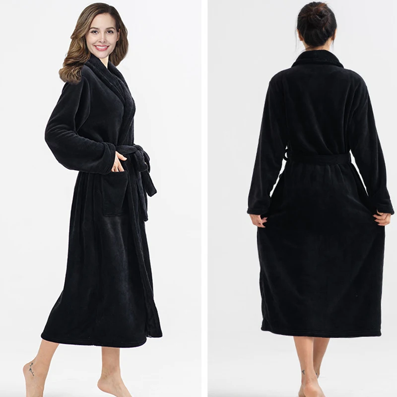 Winter Thick Warm Bathrobe Women Coral Fleece Robe Loose Soft Nightgown Bath Gown Female Lapel Sleepwear Long Solid Nightwear