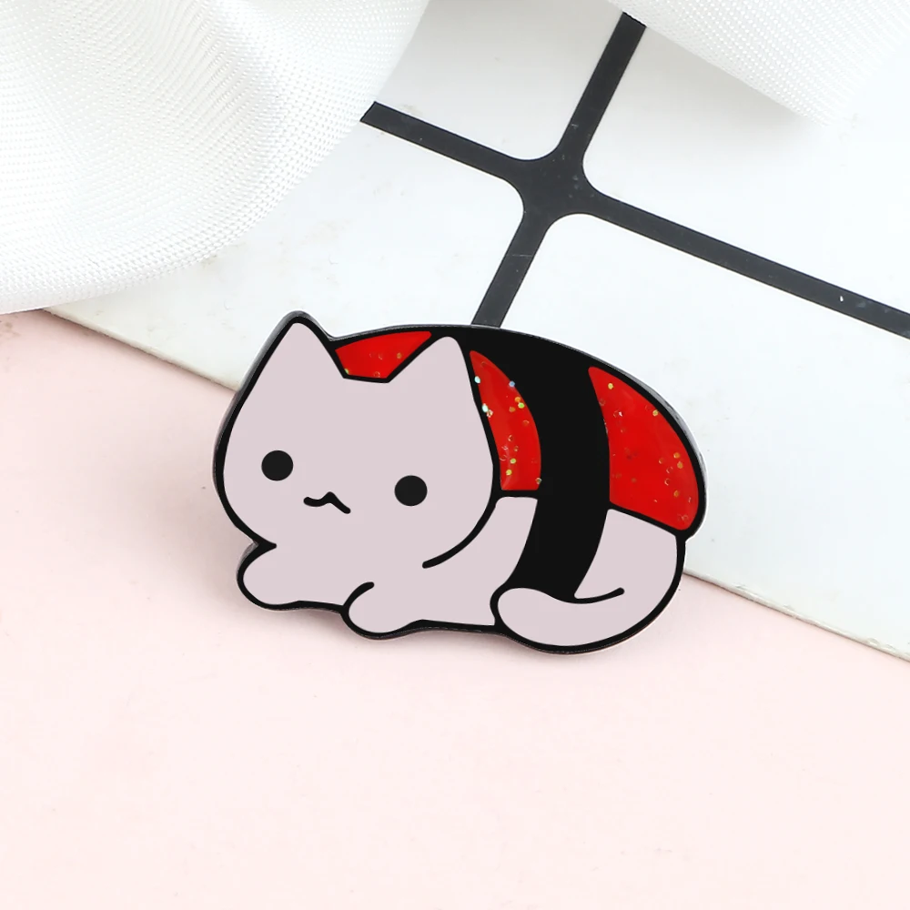 Delicate Cat Brooch Cute Sushi Garbage Can Kitten Cartoon Enamel Pin Funny Animal Backpack Jacket Lapel Badge Kids Jewelry Gifts