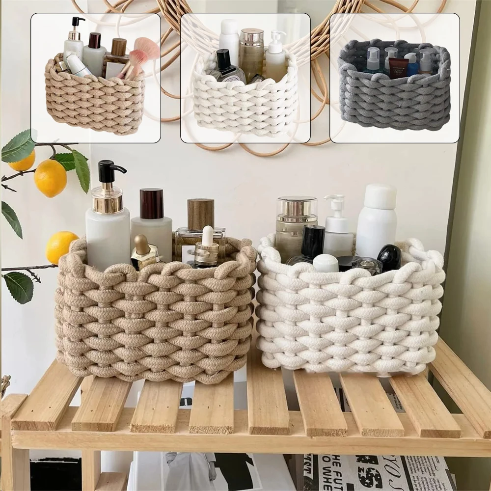 

1PC Handmade Woven Cotton Rope Storage Basket Sundries Kids Toys Cosmetics Desktop Organizer Boxes Organizador Escritorio 라탄바구니