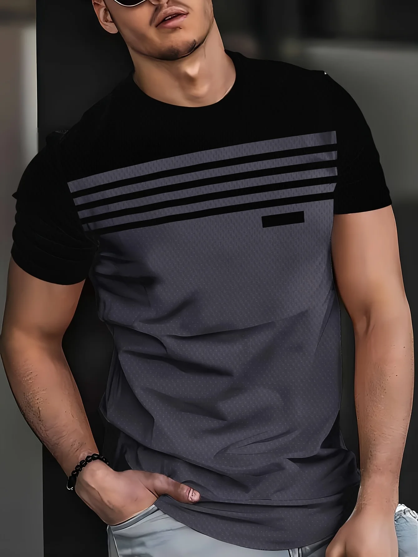 Men Color Block Striped T‑Shirt, Black Gray Spliced Horizontal Stripe Print Short Sleeve Crew Neck Casual Daily Tee Tops