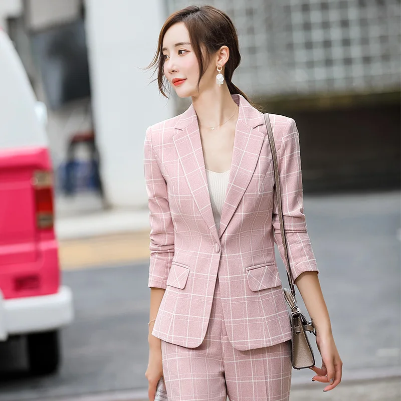 

Pretty Pink Plaid Women's Suits Double Breasted 2 Piece Jacket Pants Female Clothing Slim Fit Office Lady Smart Blazers Sets