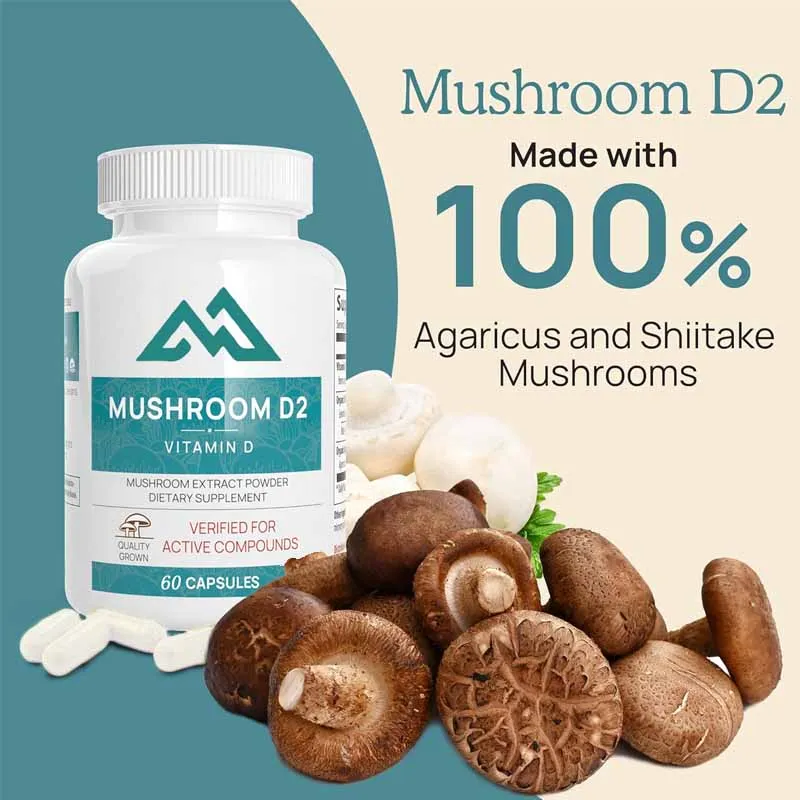 Vitamin D2 (60 capsules) Organic Vitamin D Vegetarian Supplement 1000 IU Mushroom Agaricus bisporus Mushroom Complex