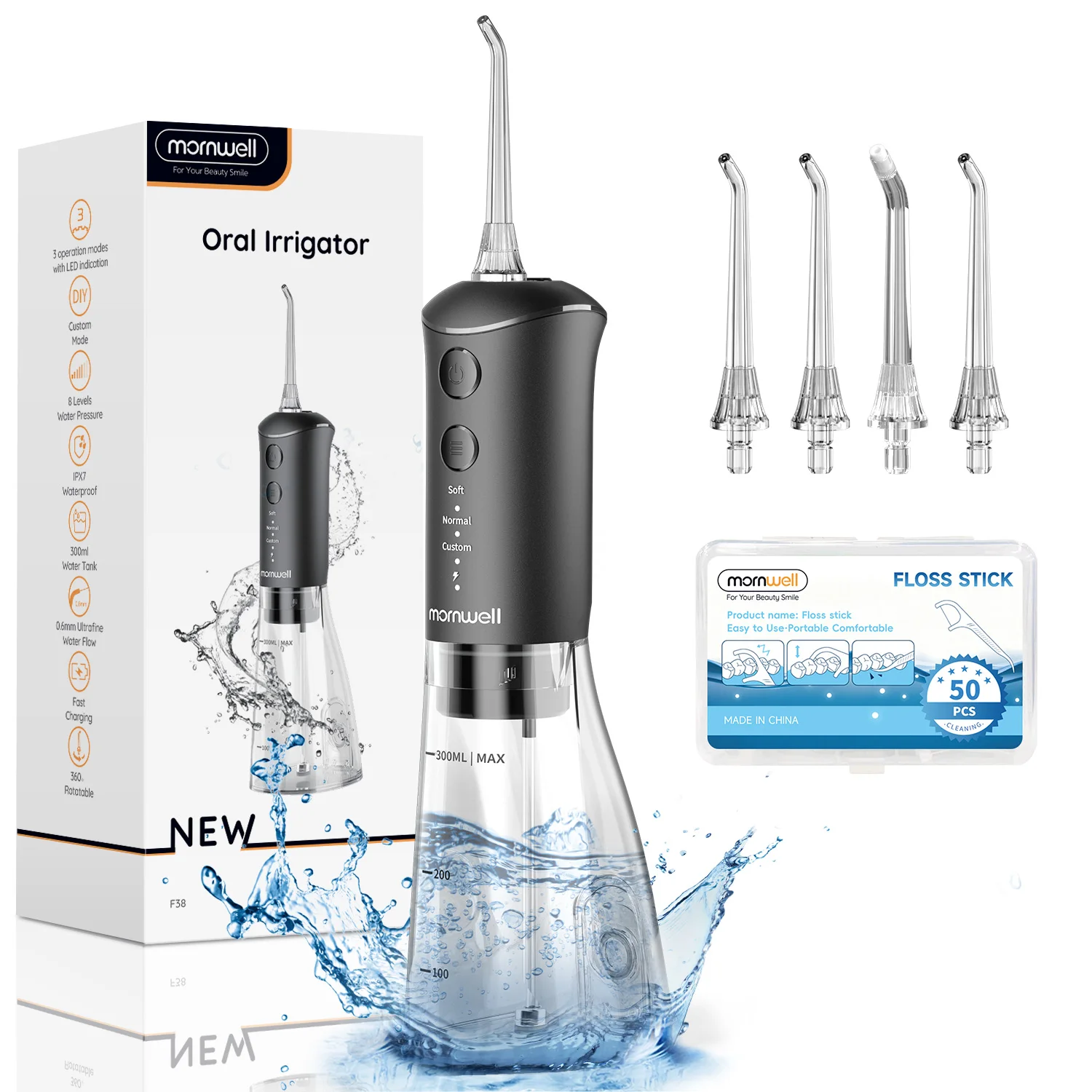 

Mornwell Water Dental Flosser Зубочистка: Портативный беспроводной ирригатор для полости рта, 300 мл, перезаряжаемый ирригационный очиститель F38 (F5041)