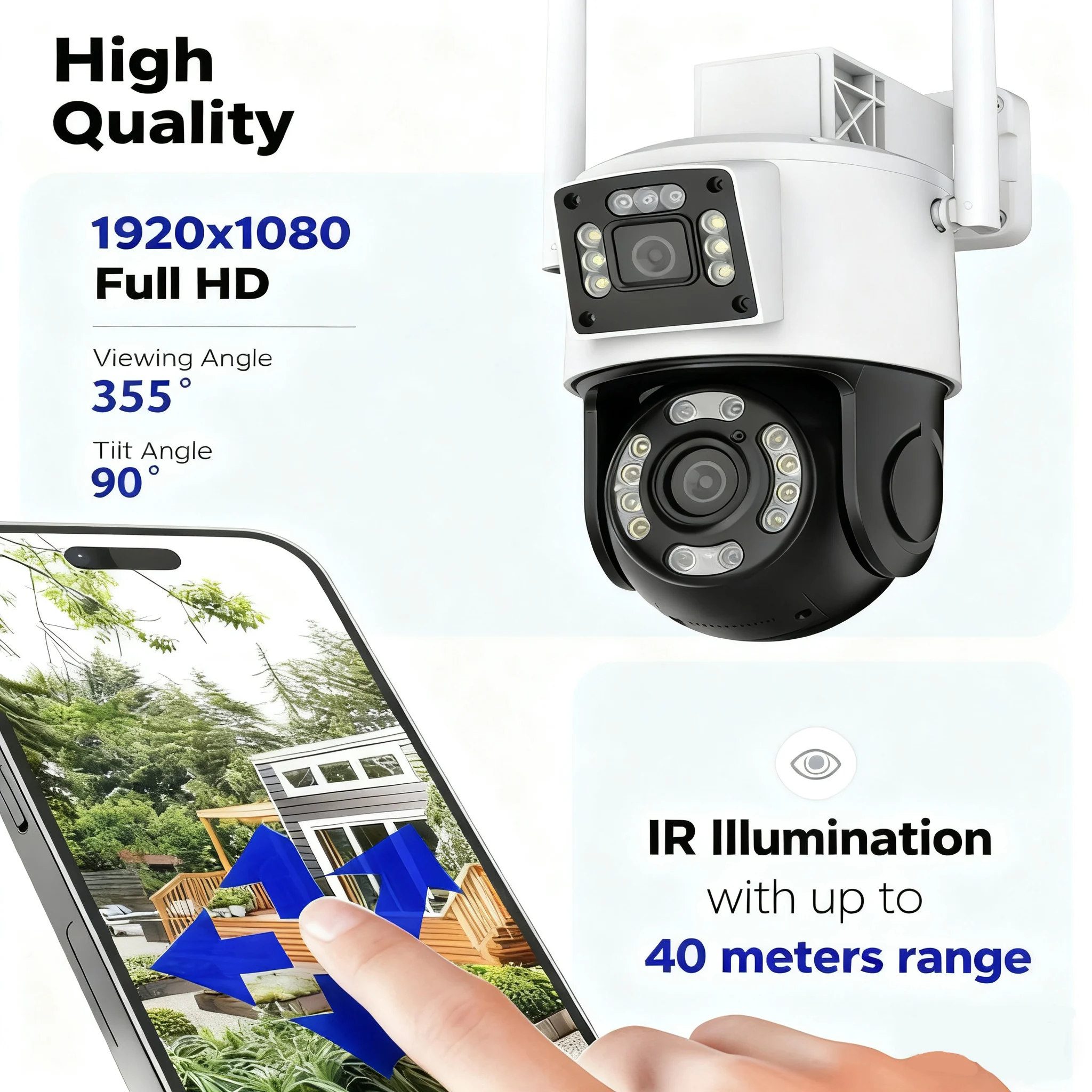 

M617 Уличная 5-мегапиксельная PTZ-камера с двумя объективами — двойная подсветка, полное ночное видение, H.265, RJ45, проводная камера безопасности постоянного тока, 12 В, Plug-and-Play