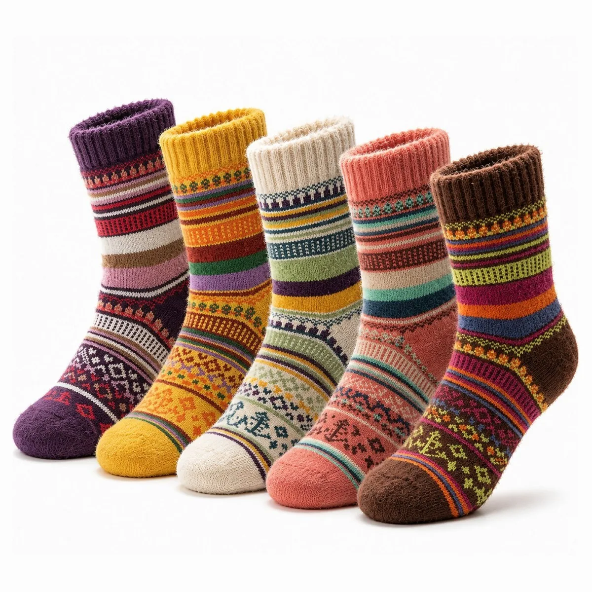 Women Rabbit Wool Blend Mid‑Calf Socks Colorful Stripe Ethnic Retro Knit Socks Winter Warm Thermal Casual Ladies Crew Socks