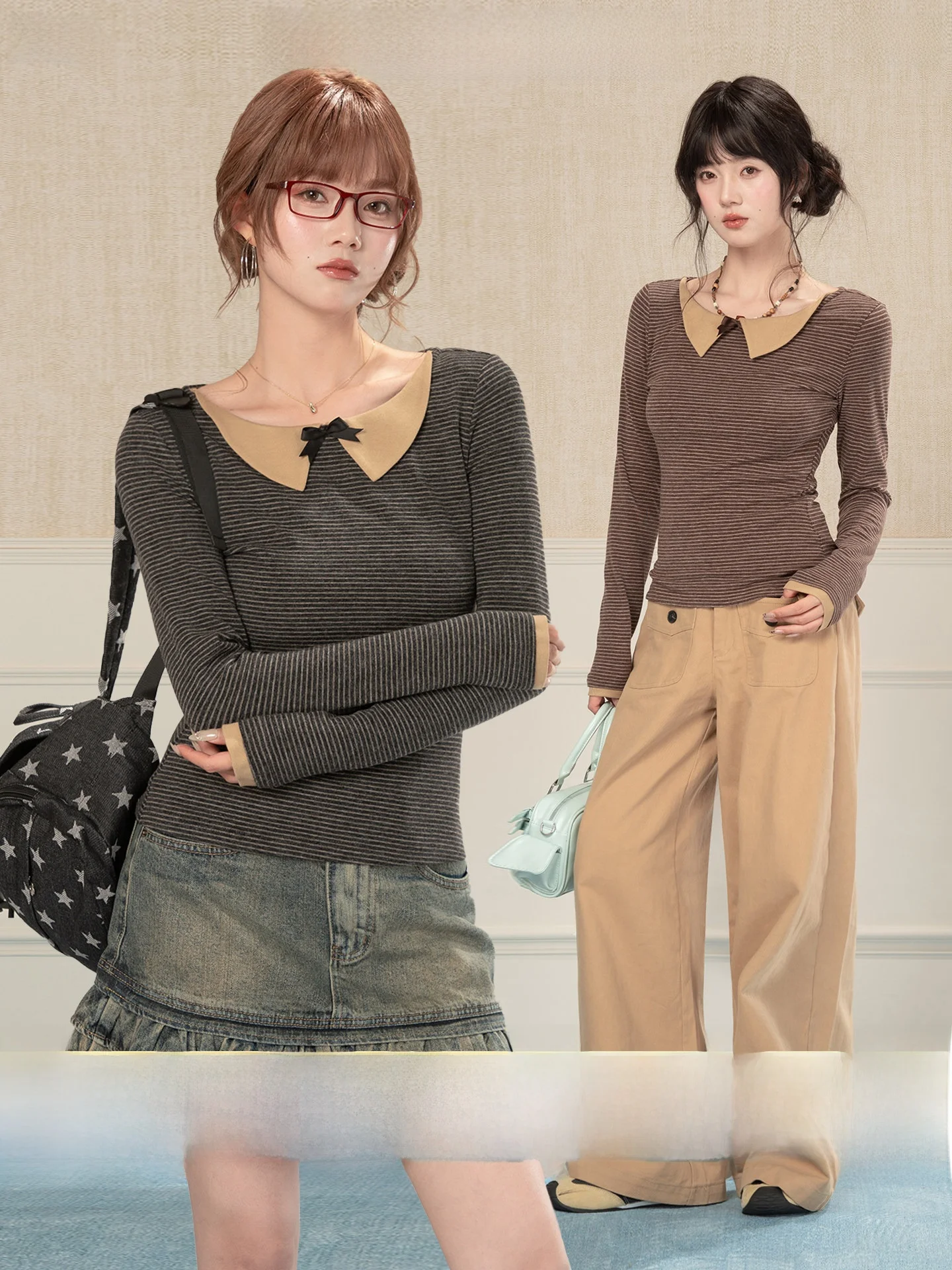 

Heynew Early Spring V-neck Long Sleeve T-shirt Women's Base Shirt Design Sensation Stripe Pattern Inner Wear Top