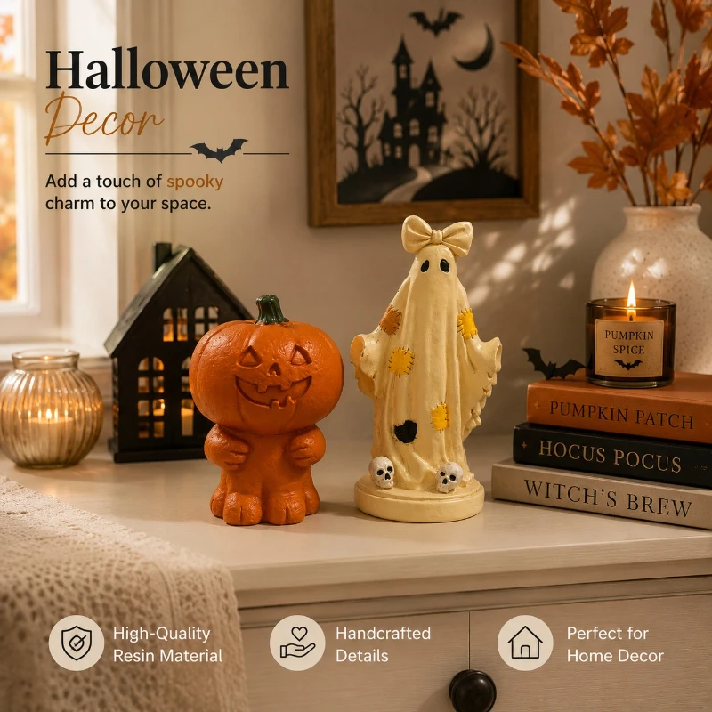 Halloween Pumpkin Man Resin Figurine – Patch Ghost Design, Perfect Tabletop Home Party Decor Ornament