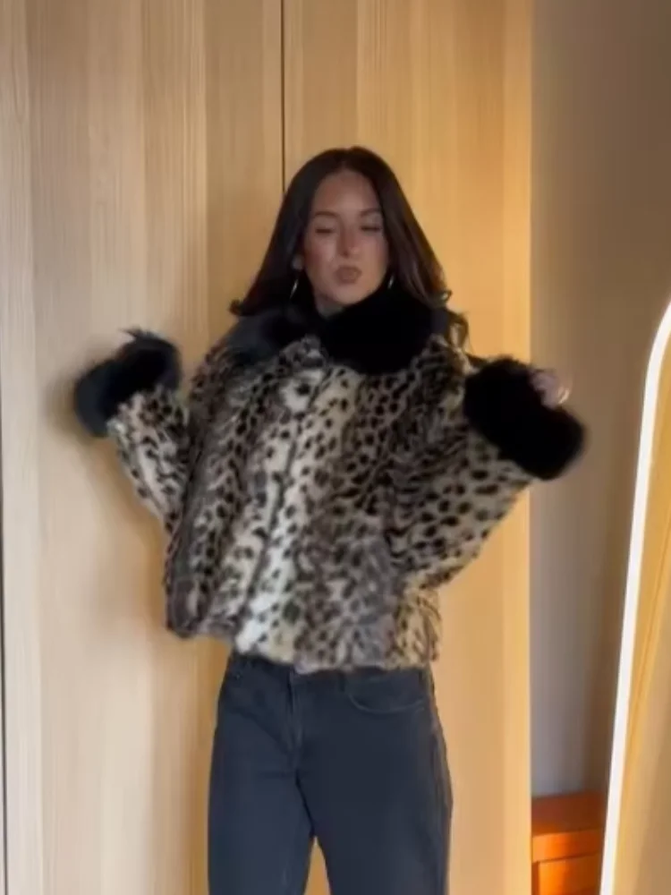 Chic Women Faux Fur Jacket Cropped Leopard Contrast Black Fur Collar Cuff Button Short Furry Women's Coat Winter Outerwear New