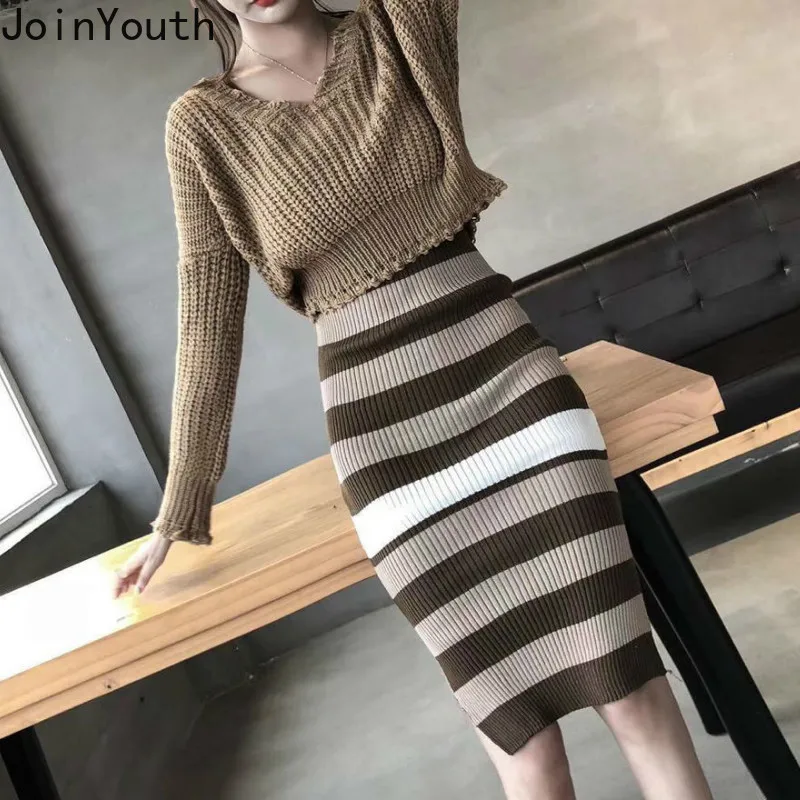 Joinyouth Zwei Stück Outfits für Frauen Koreanische Vintage Gestreiften Strick Slim Fit Anzug Crop Tops Weibliche Roupas Mode 2 Stück set