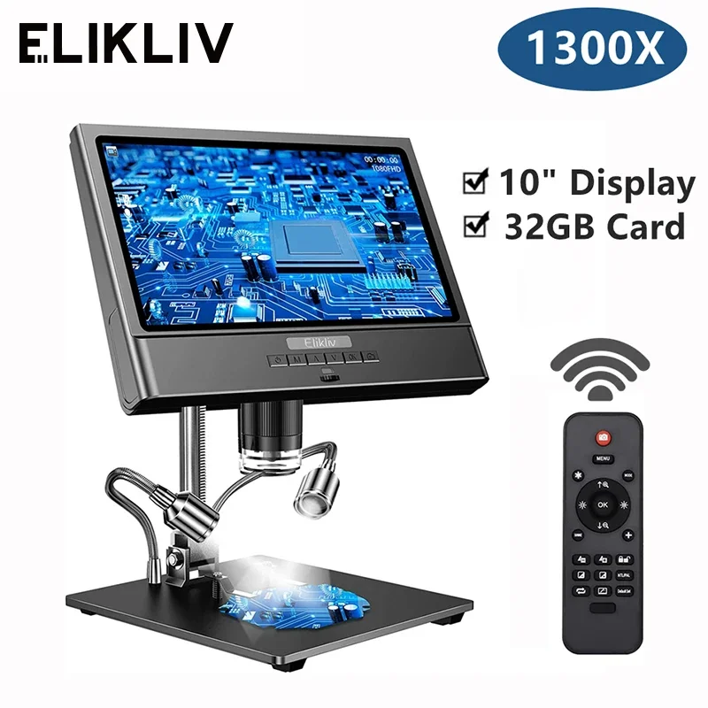 Elikliv 10'' 1300X Digital Microscope Soldering Microscope With Metal Stand Base LED 12MP 1080P Video Camera Microscope EDM12