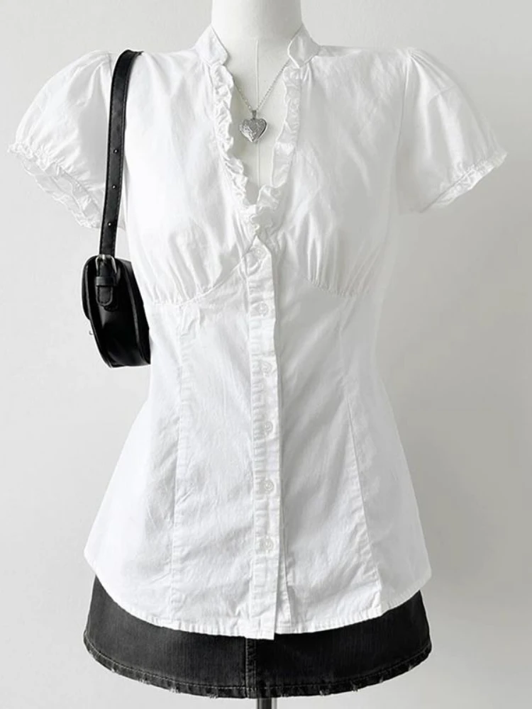 

Deeptow White Basic Women Ruffle Shirts Elegant V Neck Short Sleeve Korean Fashion Crop Blouses Slim Japanese Preppy Jk Summer