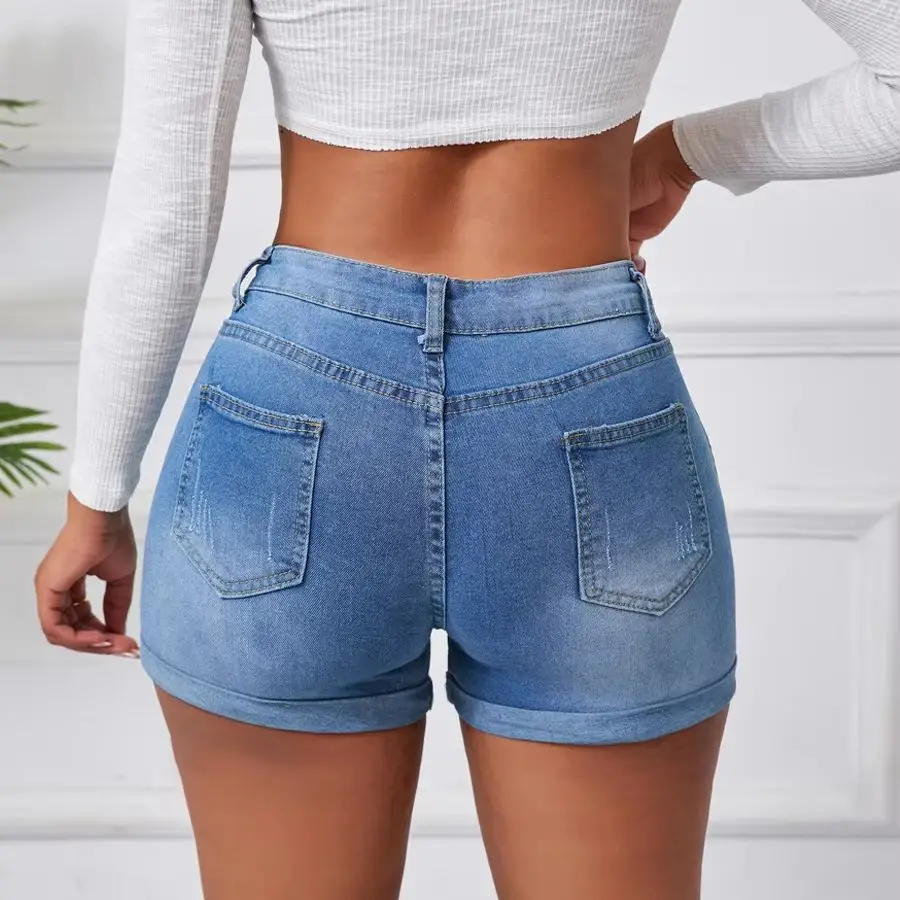 Sexy High-Waist High-Elastic Denim Shorts for Women Clothes New plus Size Ripped Jeans Short Pants with Hole Detail view 3