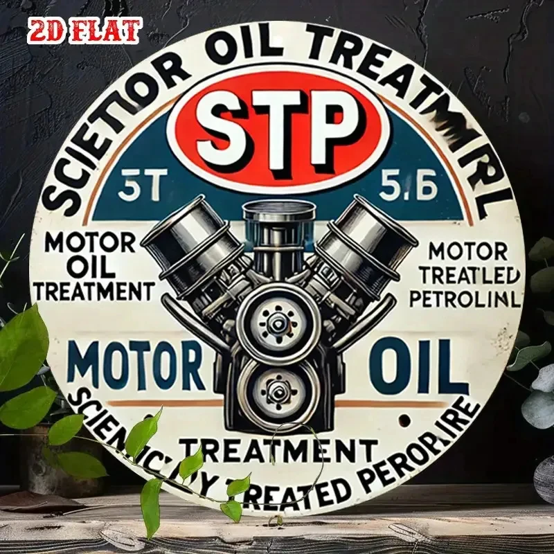 2D Flata Vintage-Style 7.87inch Round Aluminum Sign - Stp Sign, 5t and 5.6 Labels, Engine Illustration, Suitable for Garages, Homes, Companies