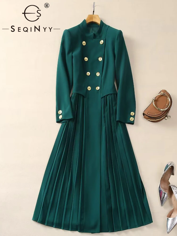 

SEQINYY Elegant Pleated Dress Spring Autumn New Fashion Design Women Runway Golden Buttons Green High Street Office Lady