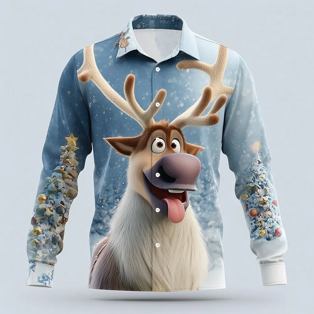 

3D Printed Christmas Elk Graphic Men's Shirts Autumn Winter Long Sleeve Button Lapel Shirt Fashion Casual Festival Party Clothes