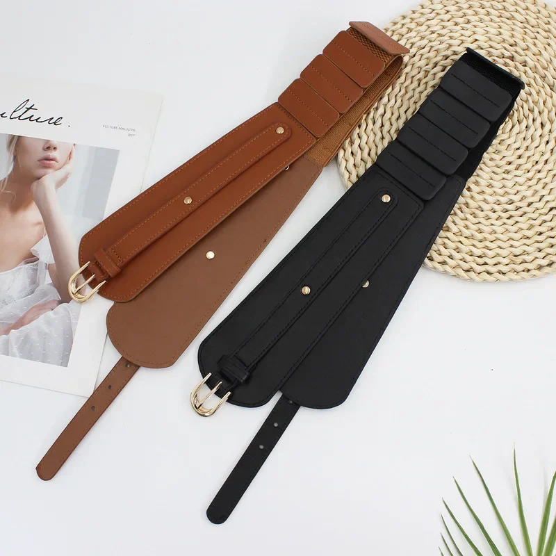 Ceinture large en cuir pour femme, ceinture élastique, mode vintage, luxe, broche large