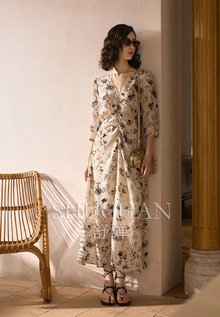 

Art Ink Smudge, Silk Crepe, Thin Waist Dress Q37297 Summer Dress Women Vestidos De Mujer