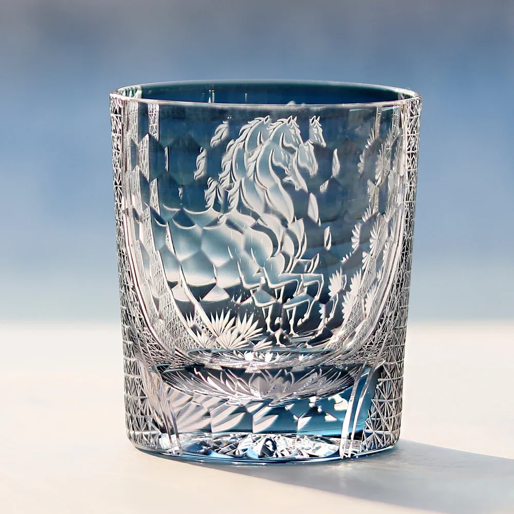 Edo Kiriko Japanese Crystal Whisky Glass - Hand Cut Horse Pattern for New Year 2026, Traditional Old Fashioned Tumbler 6
