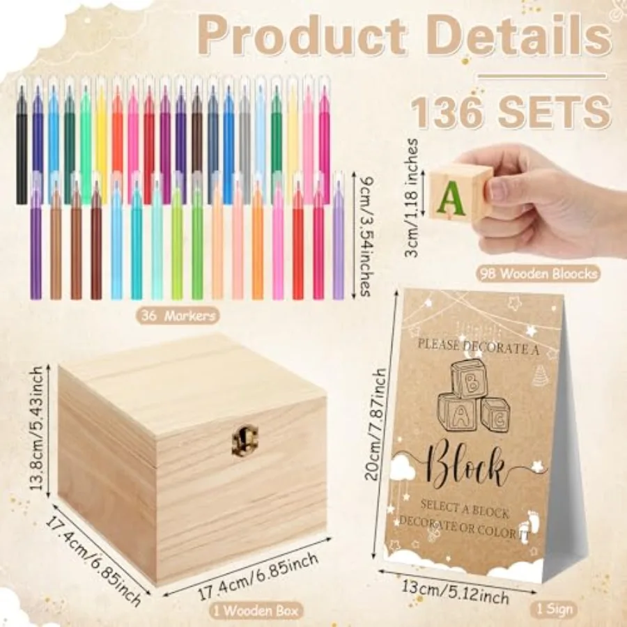 136 Pcs Baby Shower Blocks to Decorate Game Kit Includes 98 Wooden Blocks, 36 Markers, 1 Game Sign, 1 Storage Box for Baby Show