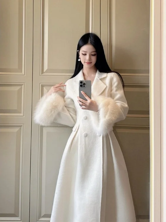 

plus Size Winter Woolen Coat Women's French Sle Casual Long Sve Waist-Cinching Medium-Length Fur-Sved Outerwear