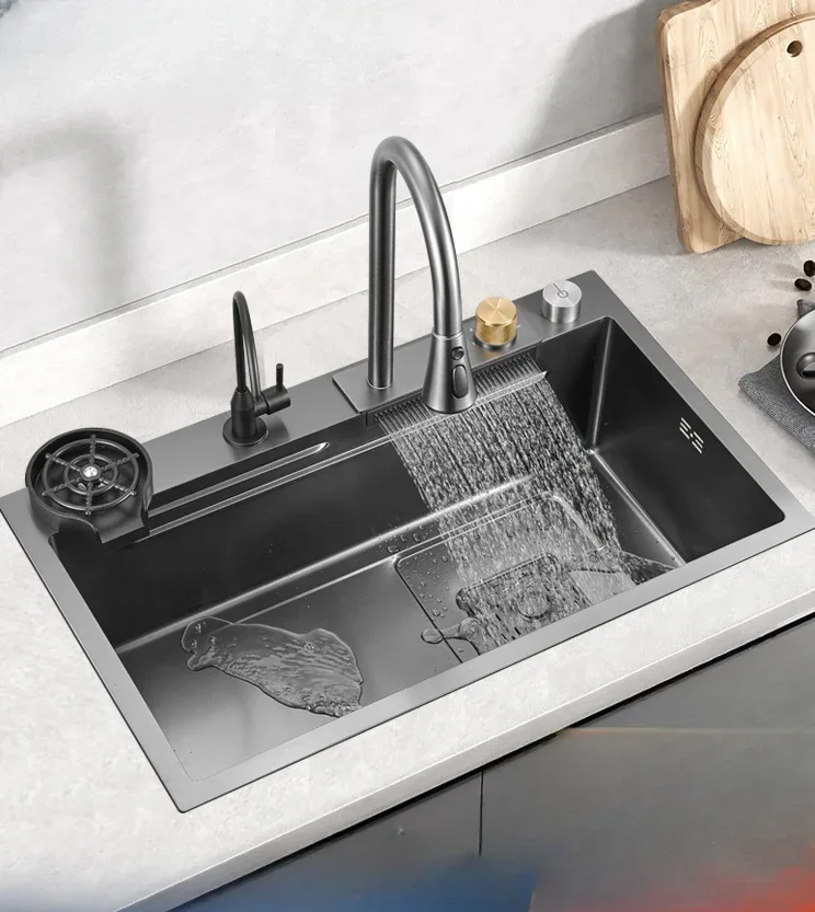 Kitchen handmade 304 stainless steel waterfall sink household sink nano