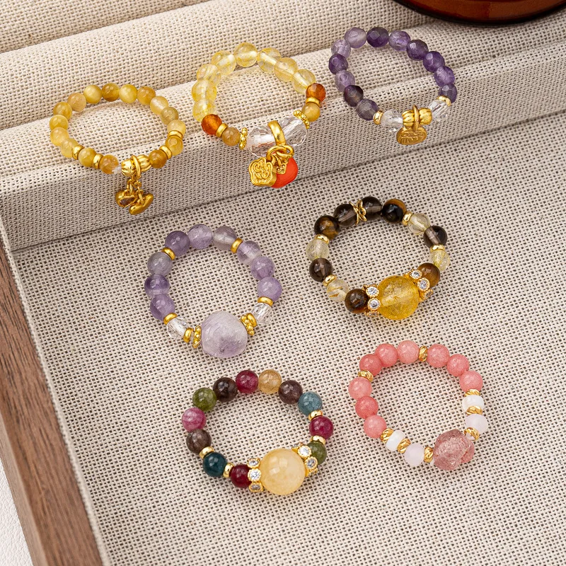 High-end Handmade Colorful Natural Stone Circle Ring Tassel Charms Ring, Good Luck, High-end Niche Ring Exquisite Hand Jewelry