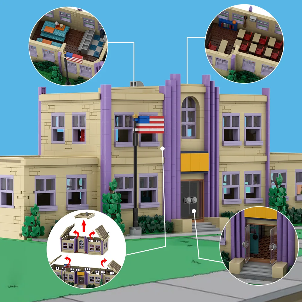Gobricks MOC Modular Springfieldeds, bloques de construcción de escuela primaria, modelo de ladrillos de taberna topo, juguete de iglesia Modular para niños ift