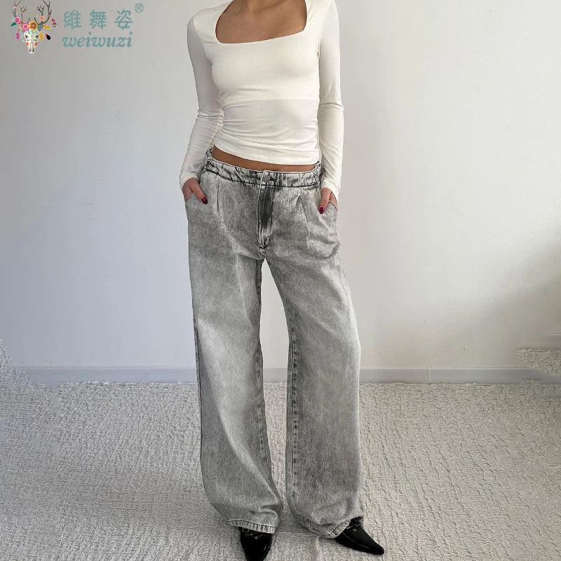 กางเกงยีนส์ผู้หญิงสีเทาสไตล์ฮาราจูกุ ขากว้างลำลอง กอธ เอวสูง ทรงตรง สตรีทแวร์ ทรงหลวม Y2K