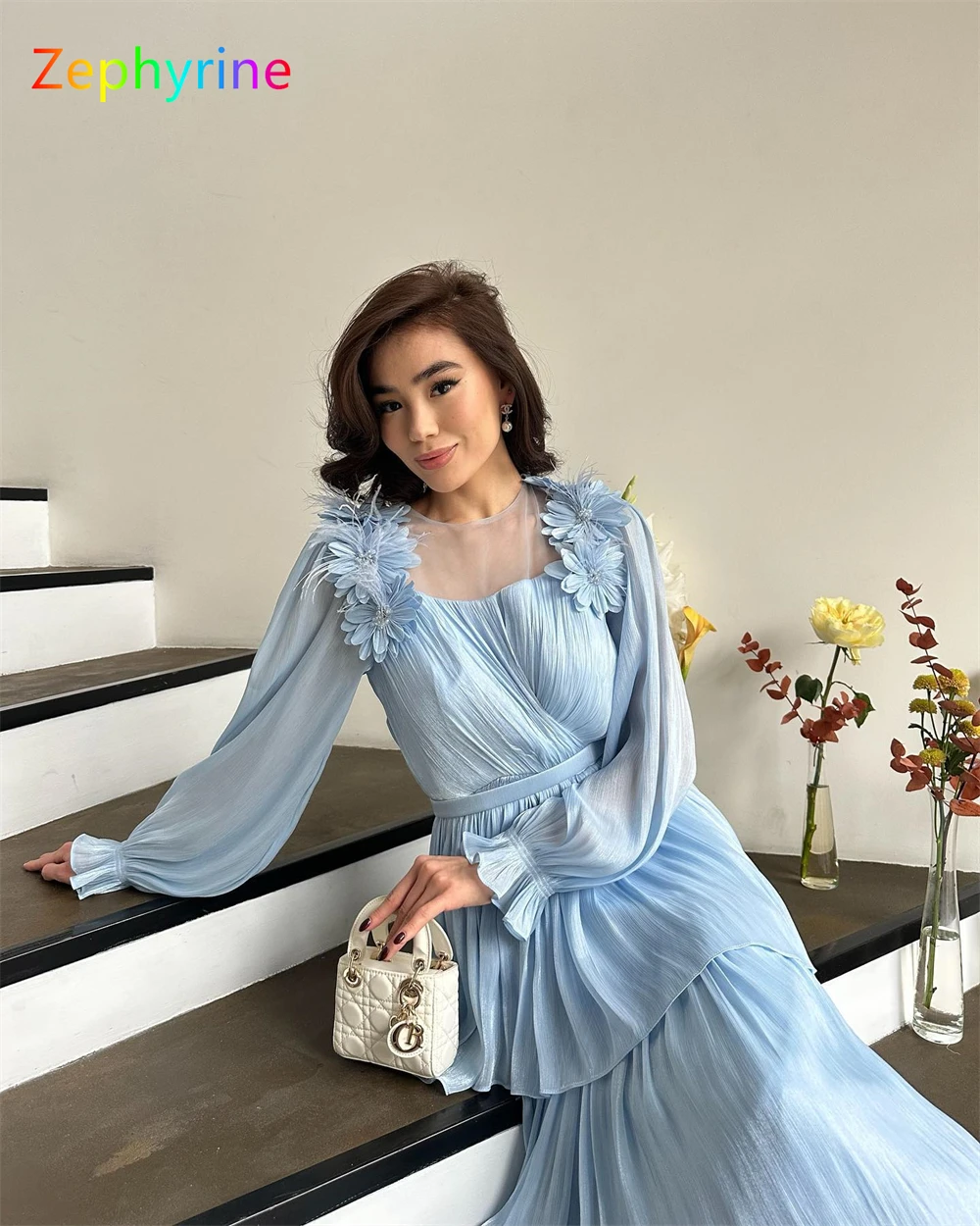 Customized Simple Blue Chiffon Evening Dress Exquisite Square Collar Long Sleeves Homecoming Dresses Fashion Vestido De Festa