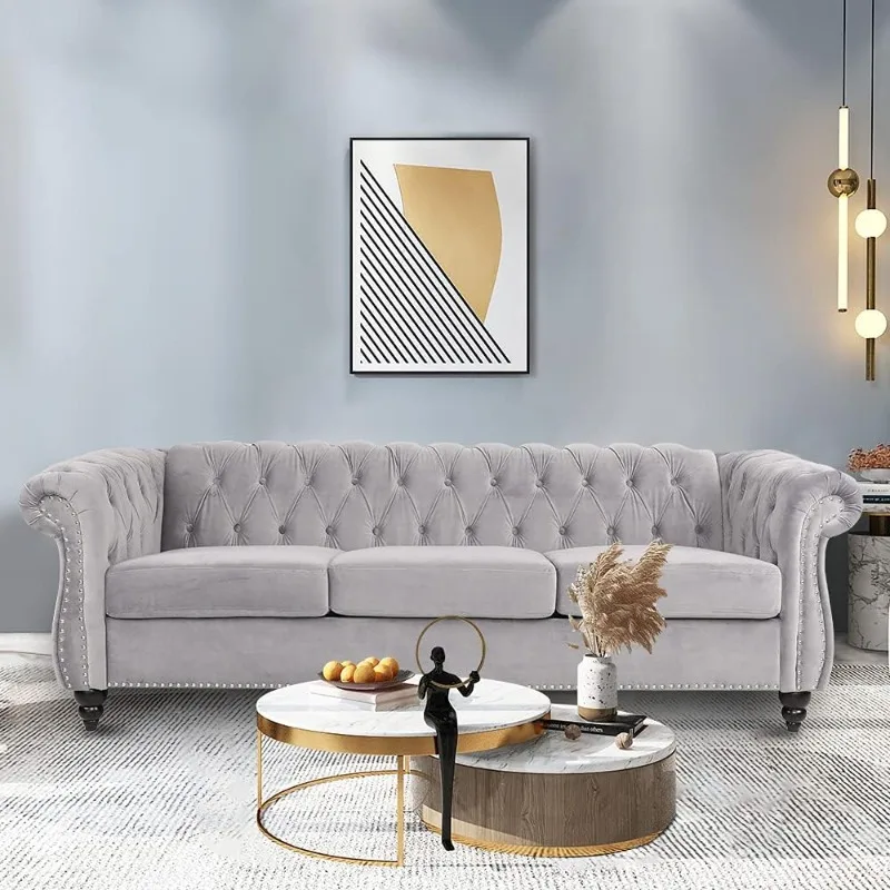 Classic Tufted Upholstered Couch, Modern 3 Seater Couch Long Settee Furniture with Tufted Back and Transparent Legs