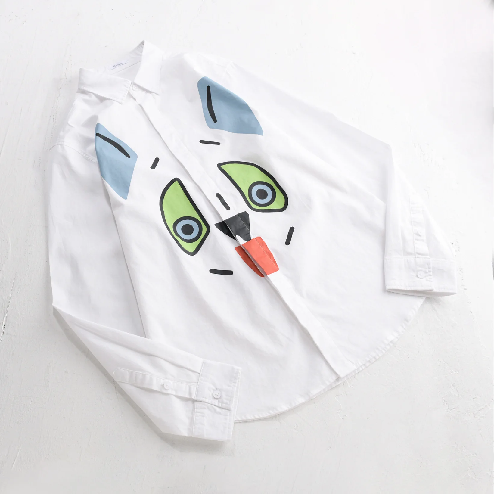 Spring Autumn Fashion Pure Cotton Men's Casual Loose Shirt Creative Artistic Cartoon Print Long-sleeve Top 6238