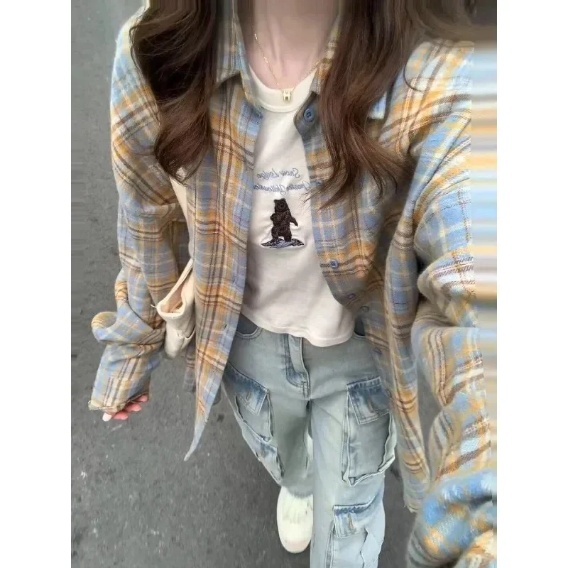 

Harajuku Green Plaid Shirt Streetwear Women Vintage Long Sleeve Blouse Korean Fashion Aesthetic Chic Tunics Clothes Female 블라우스