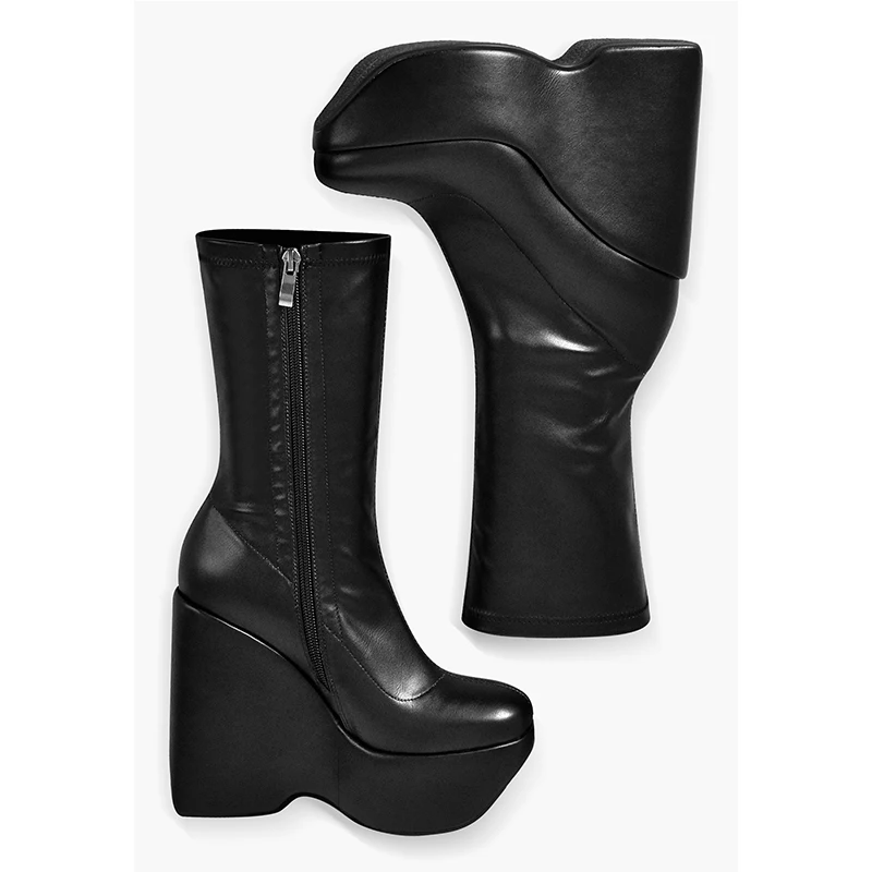 Onlymaker Women\'s Wedge Black Platform Zip Up Mid-Calf Boots Ankel Boots Soft Leather For Party Dress Lady Matte Booties