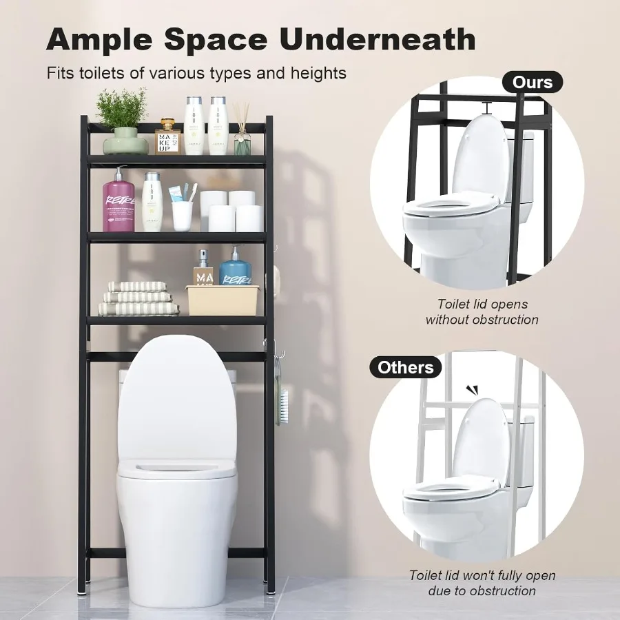 Portaoggetti sopra il WC in bambù, organizer da bagno a 3 livelli, salvaspazio indipendente con 3 ganci, nero, ideale per piccoli bagni M