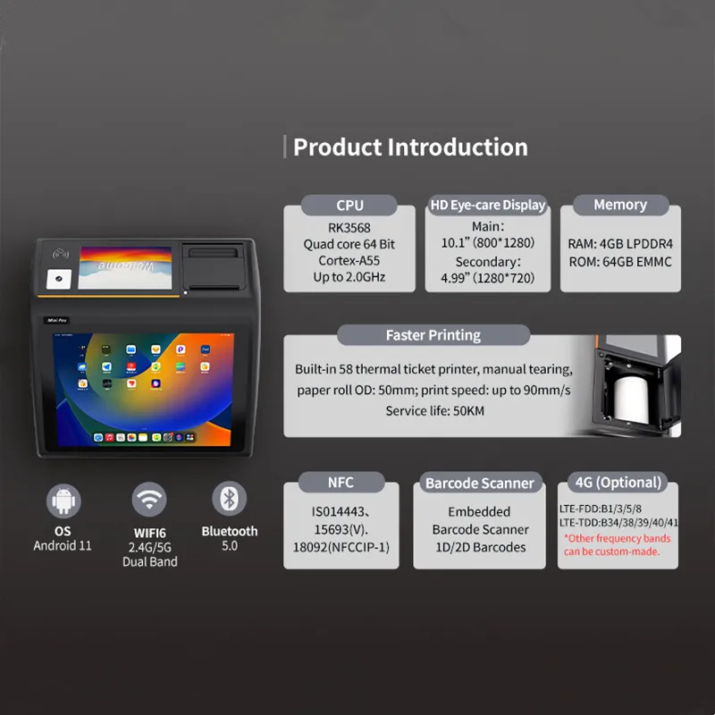 Mesin Kasir Layar Sentuh 10.1 inci untuk Restoran Supermarket dengan Pemindai WIFI Bluetooth dan Printer Struk Termal 58mm Terintegrasi