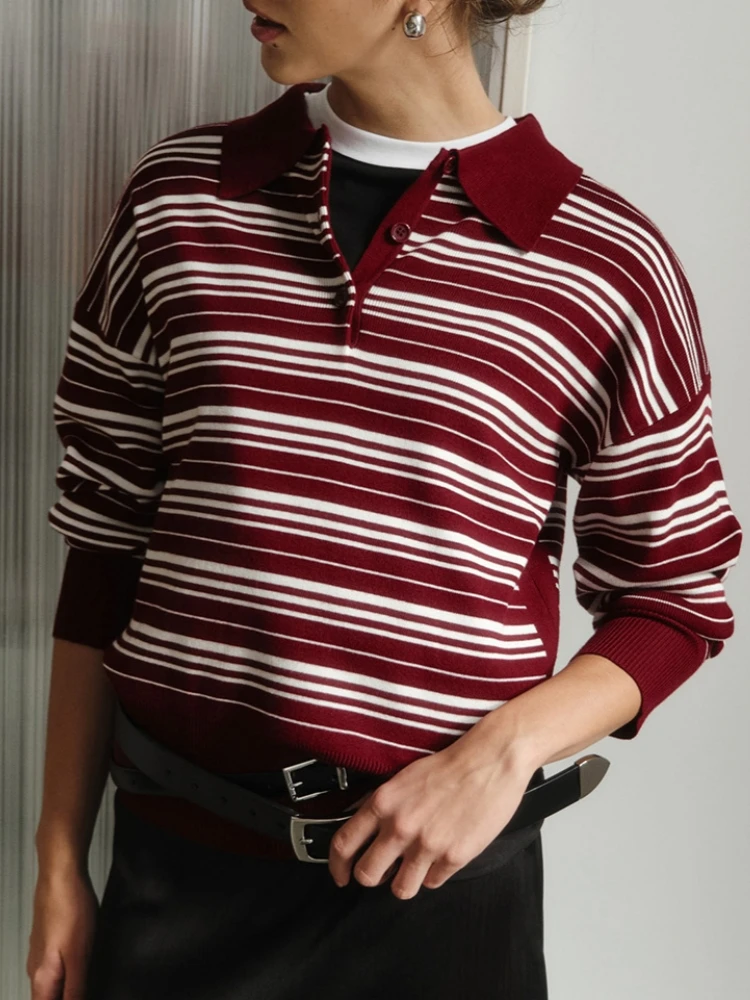 

Autumn New Black Vintage Striped Sweater For Women Causal Polo Collar Loose Knit Pullovers Winter Warm Women Knitwear 2025