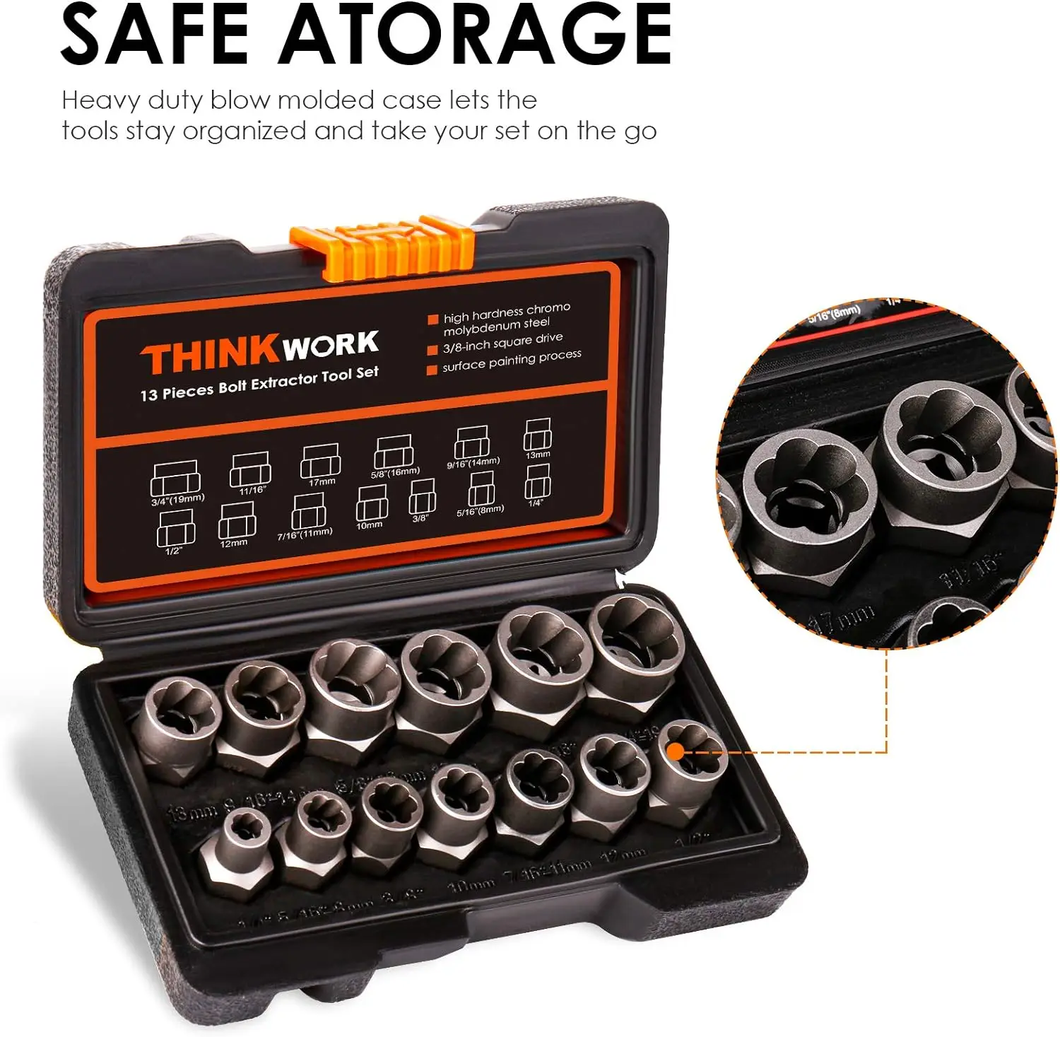 14Pcs Impact Bolt and Nut Extractor Tool Set Damaged Stripped Lug Remover Universal Socket Wrench Kit for Removing Rounded Frozen Fasteners Heavy Duty Hand Tools view 7