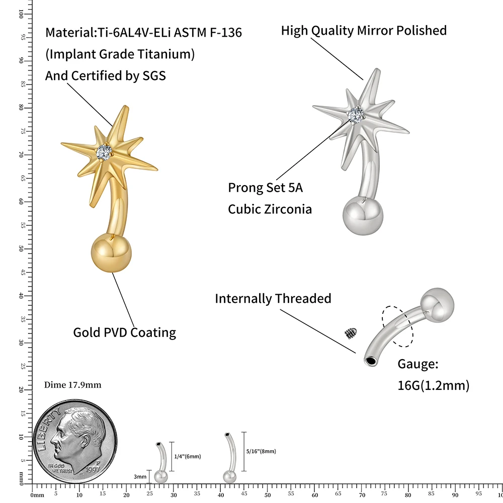 Right Grand ASTM F136 Titanium 16G CZ North Star Rook Earring 6mm 8mm Curved Barbell Eyebrow Cartilage Tragus Labret Piercing