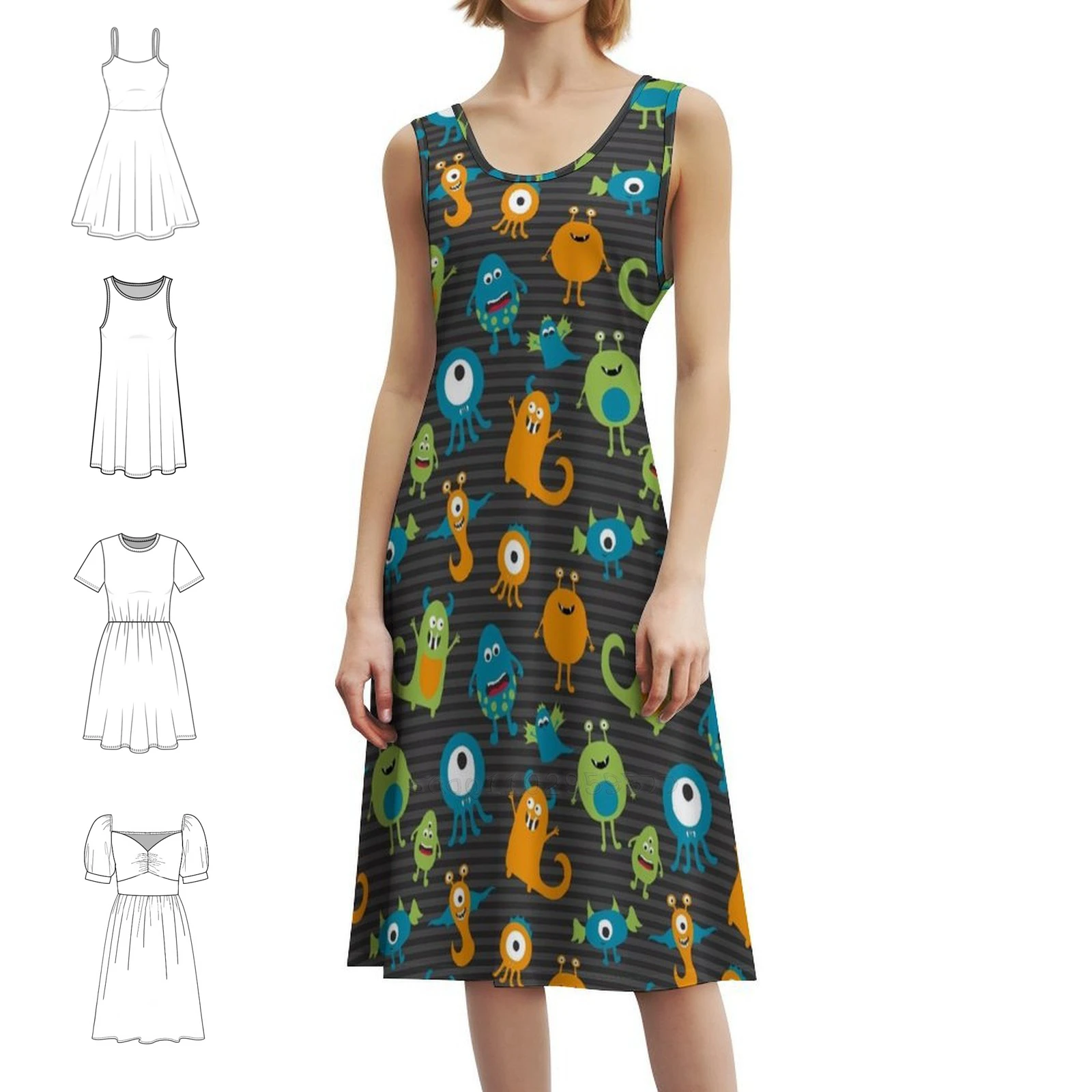 

Мини-платье Monsters On A Grey Background в консервативном стиле для женщин трапециевидной формы свободного покроя повседневное дневное платье Monsters Animals Make Believe