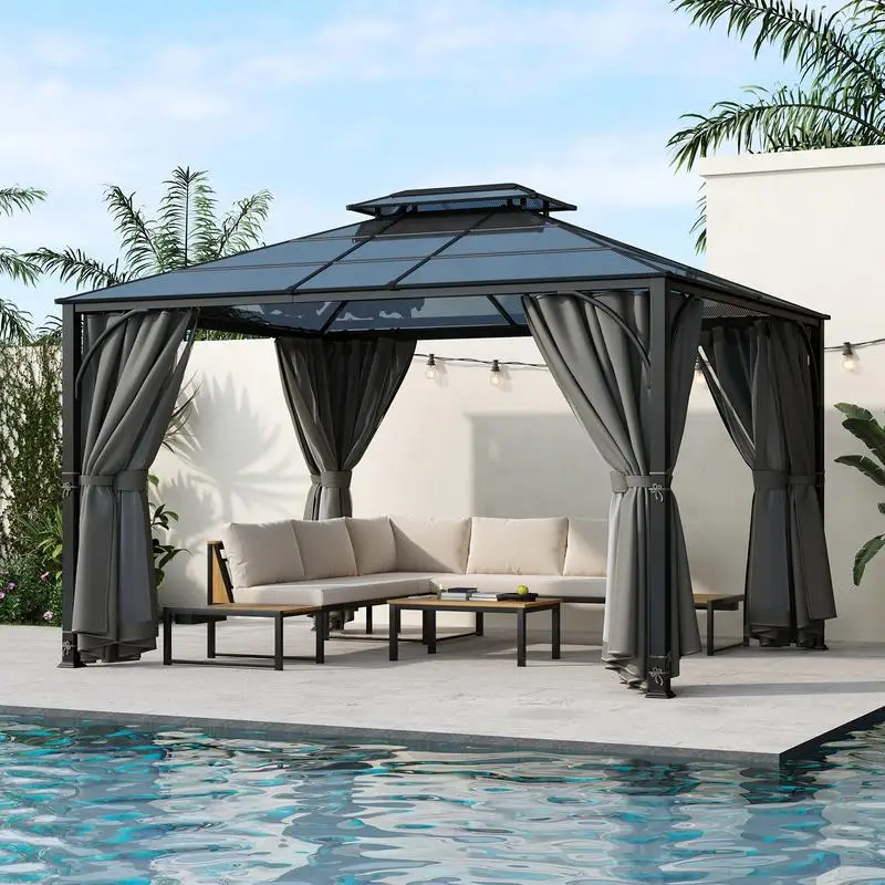 شرفة خارجية صلبة مقاس 10 × 12 بوصة، مظلة فناء سقف مزدوجة شديدة التحمل مع إطار من الألومنيوم، شبكة ناموسية للجدران الجانبية بطبقة مزدوجة #1