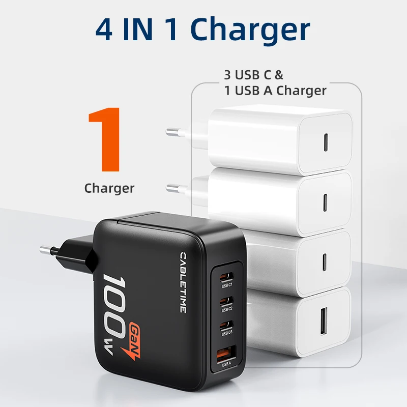 CABLETIME GaN Charger 100W PD QC 3.0 Fast Charger Type C Phone Charger USB C Quick Charging for iPhone 15 pro Macbook Laptop