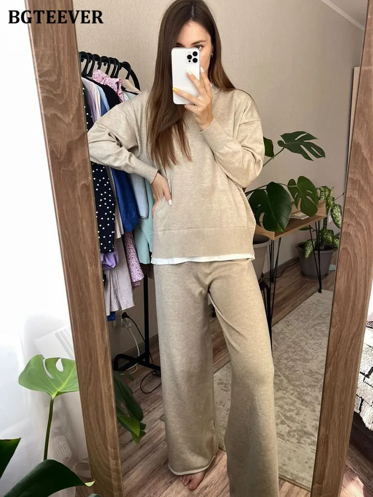 BGTEEVER Casual Loose 2 Pieces Knitted Set Female Long Sleeve Patchwork Pullovers & Wide Leg Trousers Winter Sweater Set Women