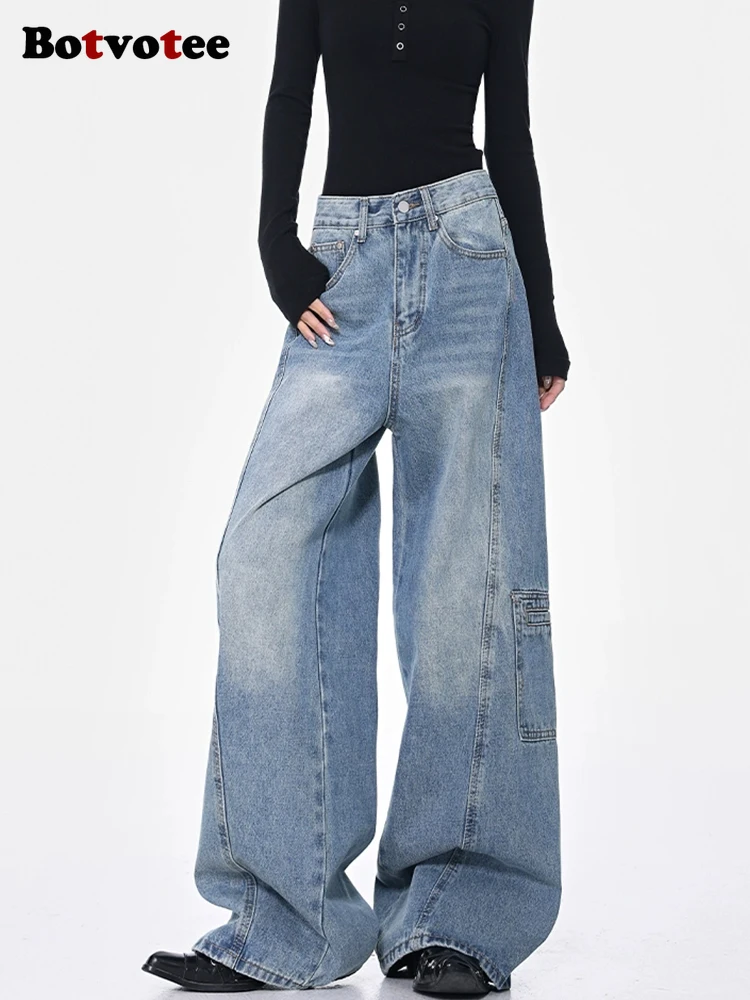 

Botvotee High Waisted Cargo Jeans More Than A Pocket Hip Hop Baggy Loose Style Denim Pants Light Blue Oversized Y2k Jeans
