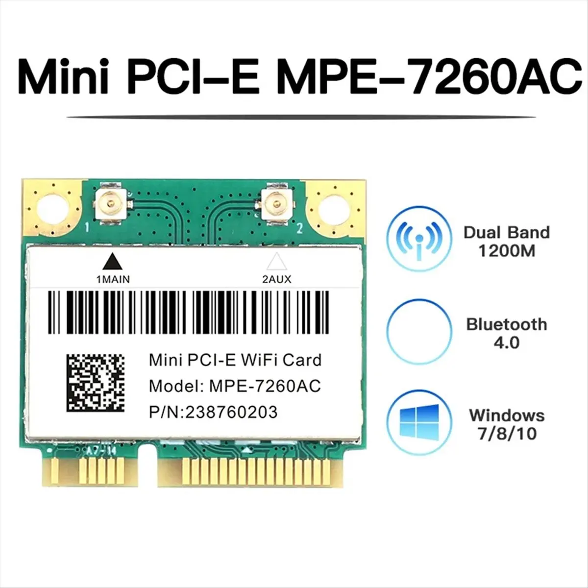 1200Mbps -7260AC Mini PCI-E WiFi Card Dual Band 2.4G/5Ghz 802.11AC BT 4.0 Wlan Wireless Network for Laptop Win 10/11