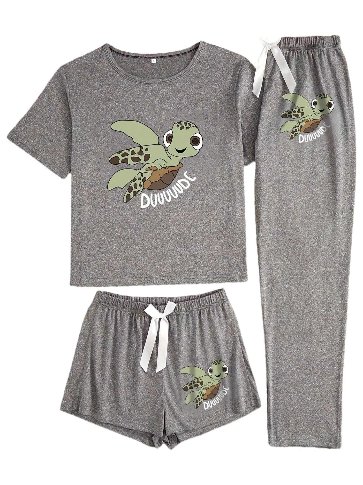 [منامة سلحفاة مكونة من 3 قطع] بدلة بيجامة نسائية مكونة من ثلاث قطع |   طباعة السلحفاة الكرتونية |   بأكمام قصيرة