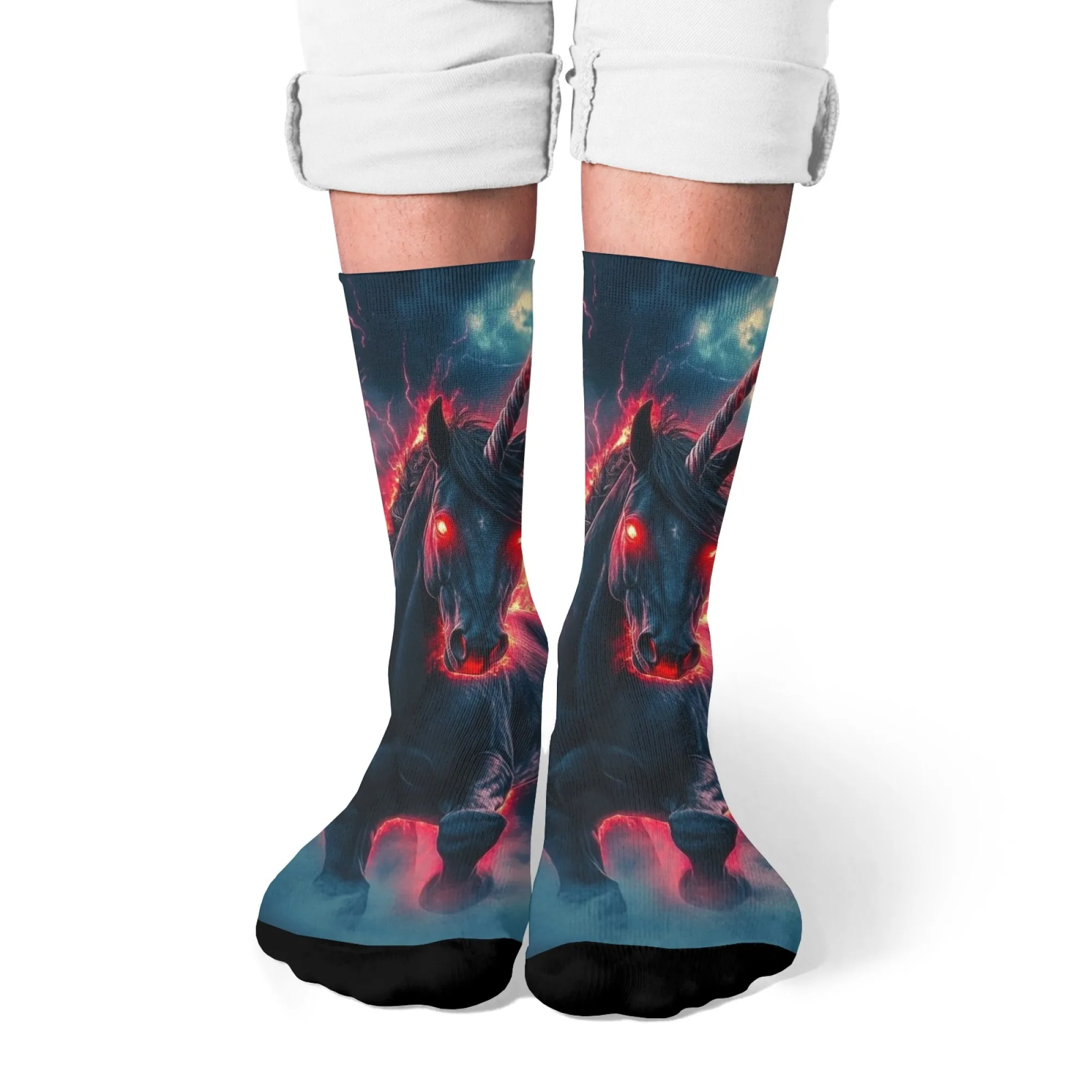 Hell Evil Unicorn Herrensocken, Retro-Mode, lässige Socken, Geschenk, Neuheit, lustige Crew-Socken, atmungsaktiv, rutschfest, Radfahren, Sportsocken