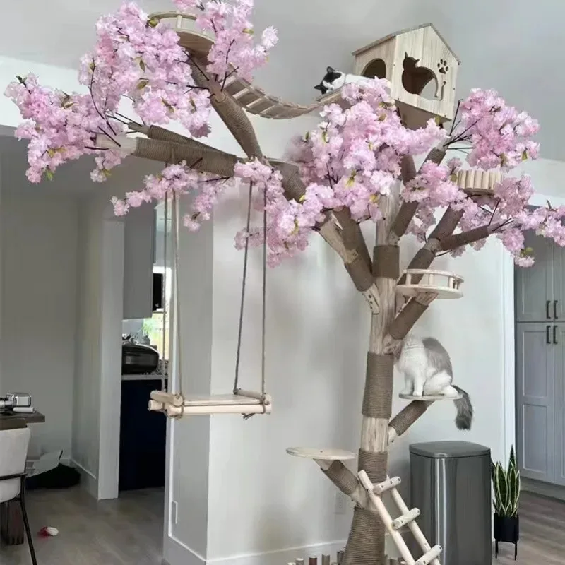 Luxury Multi-Level Wooden Cat Tree with Swing Transparent Bowl Large Cat Climbing Tower for Play Rest and Scratching