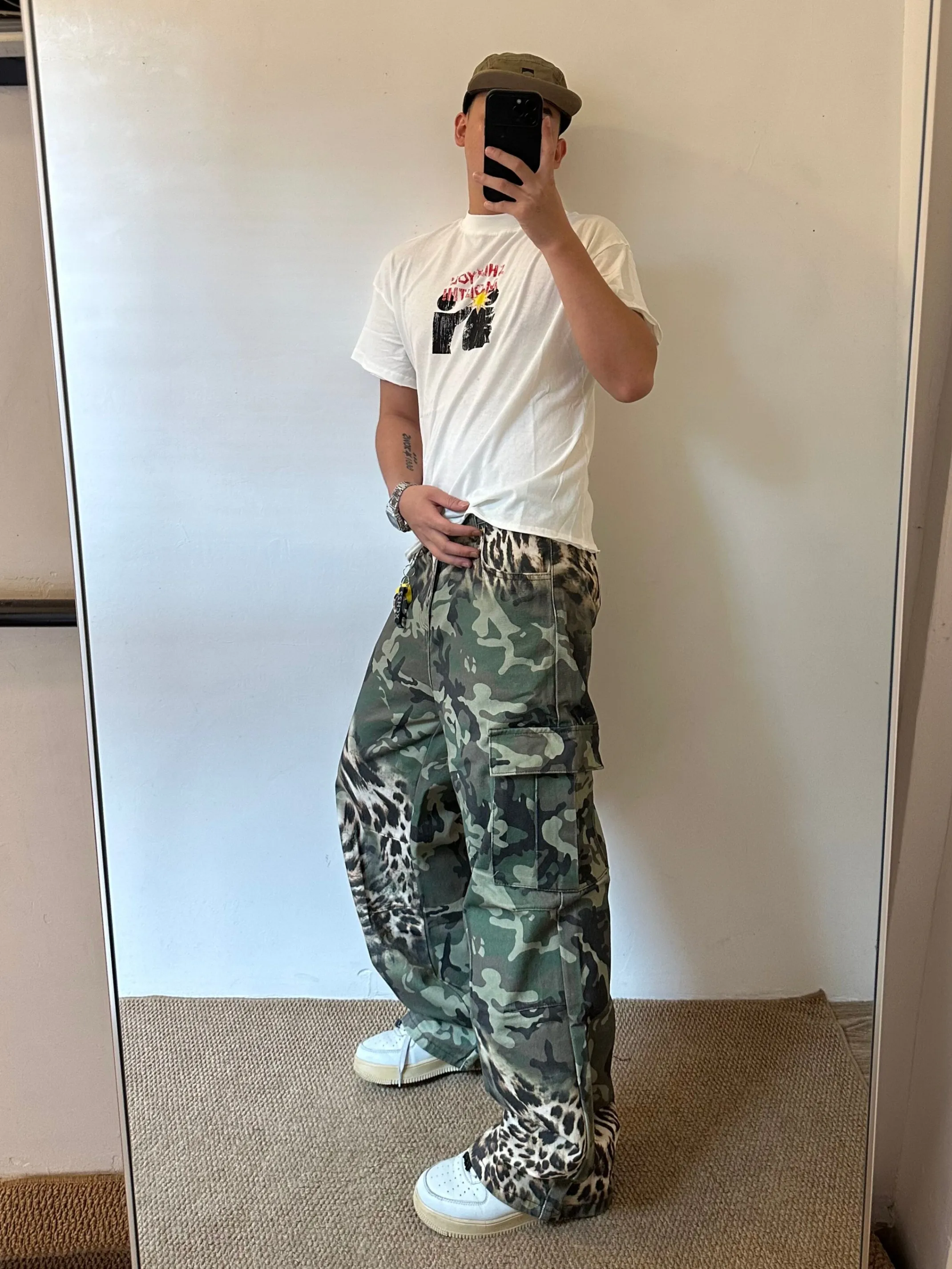 American Retro Splashed Ink Patchwork Multi-Pocket Workwear Camouflage Pants Loose Flared Trousers Trendy Casual Cotton Jeans