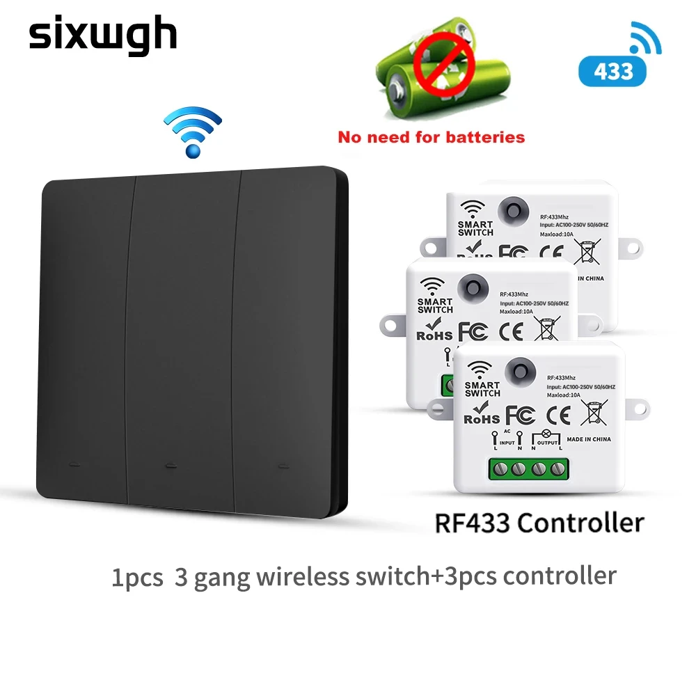 

Sixwgh 433MHz Wireless Intelligent Switch Kit Battery Free Design Waterproof Wall Mounted Intelligent Lighting Upgrade