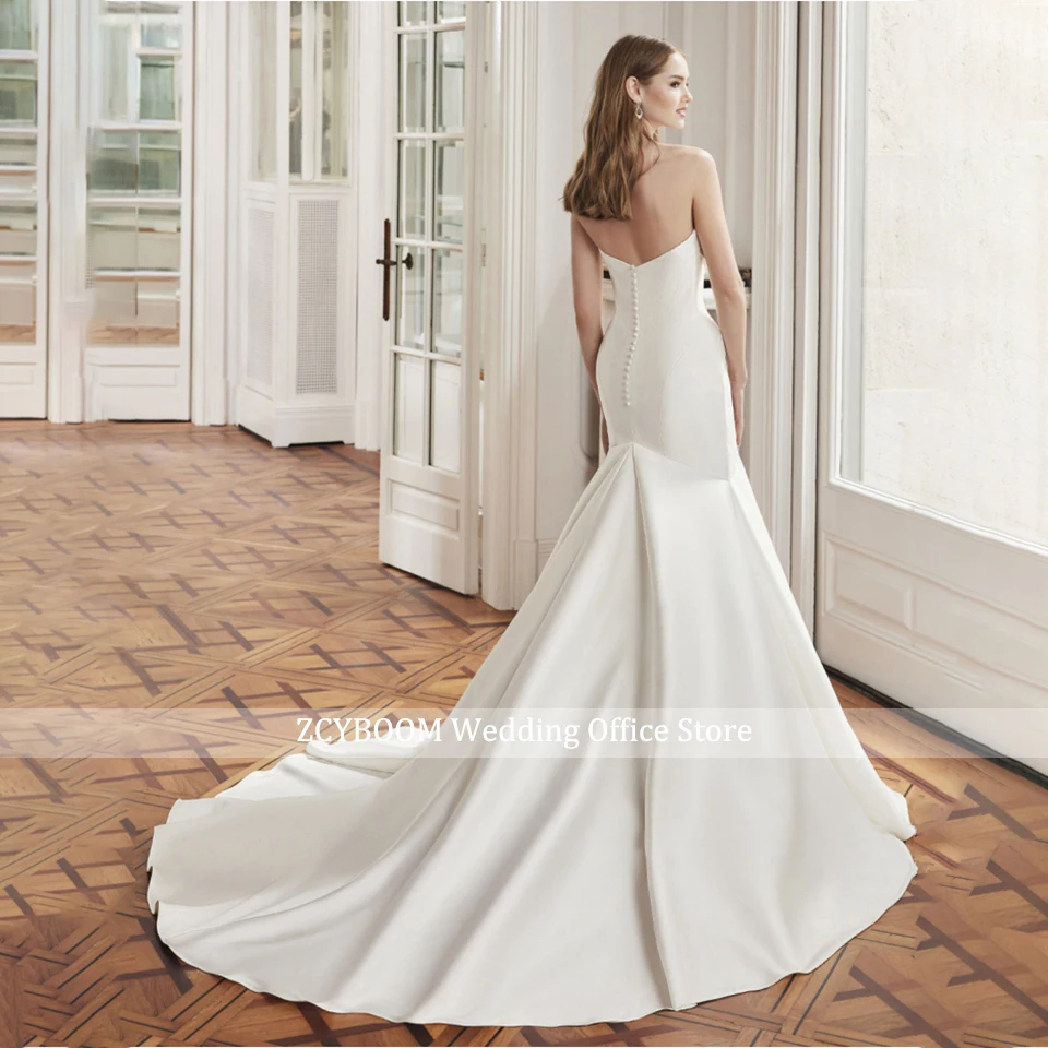 Boho Satin Mermaid Wedding Dresses Pleated Sleeveless Buttons Simple Strapless Long Bride Gowns Sweep Train Vestidos De Novia